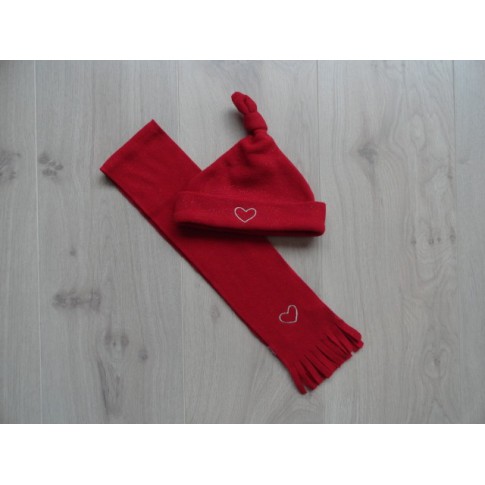 Muts sjaal set fleece rood zilver hart