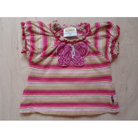 Babies V&D T-shirt roze zand wit gestreept ruches vlinder maat 74