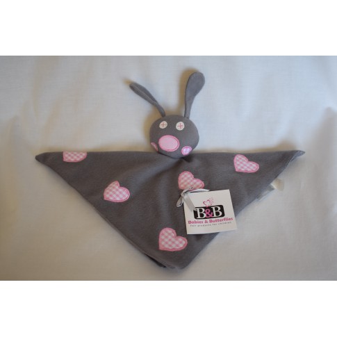 Babies & Butterflies knuffeldoek zacht katoen grijs roze konijn 29 cm
