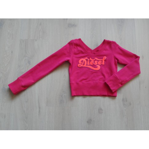 Diesel sweater kort cropped fuchsia roze fluor oranje v hals maat 134-140