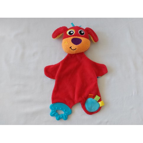 Playgro knuffeldoekje velours satijn bijtstuk hond rood oranje blauw 28 cm