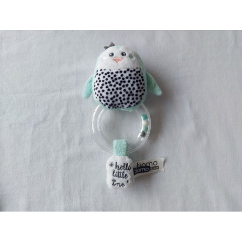 Tiamo rammelaar ring velours mintgroen wit grijs pinguin Hello Little one 14 cm