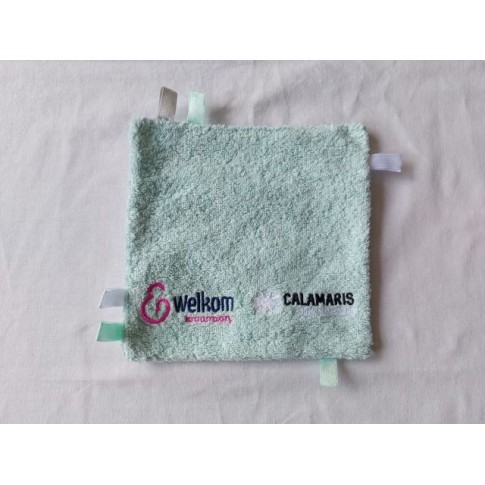 Welkom Kraamzorg Calamaris labeldoekje badstof katoen mintgroen wolkjes 19 x 19 cm